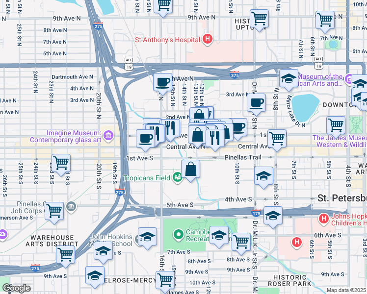 map of restaurants, bars, coffee shops, grocery stores, and more near 930 Central Avenue in St. Petersburg