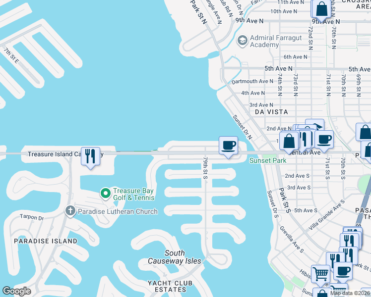 map of restaurants, bars, coffee shops, grocery stores, and more near 7958 Causeway Boulevard North in St. Petersburg
