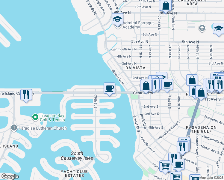 map of restaurants, bars, coffee shops, grocery stores, and more near 7810 Causeway Boulevard North in St. Petersburg