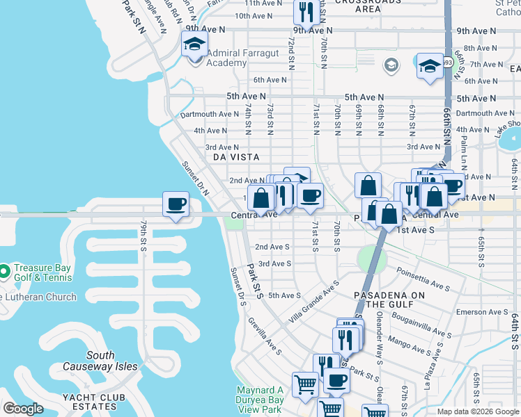 map of restaurants, bars, coffee shops, grocery stores, and more near 7321 Central Avenue in St. Petersburg