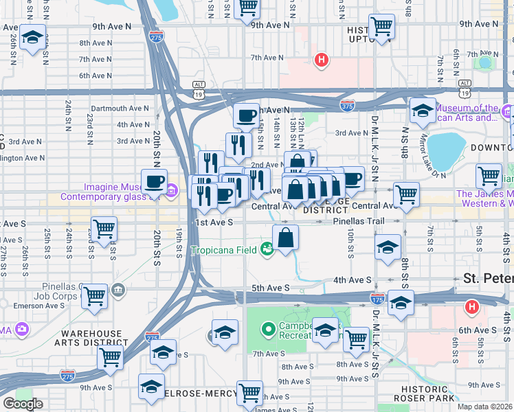 map of restaurants, bars, coffee shops, grocery stores, and more near 1592 Central Avenue in St. Petersburg