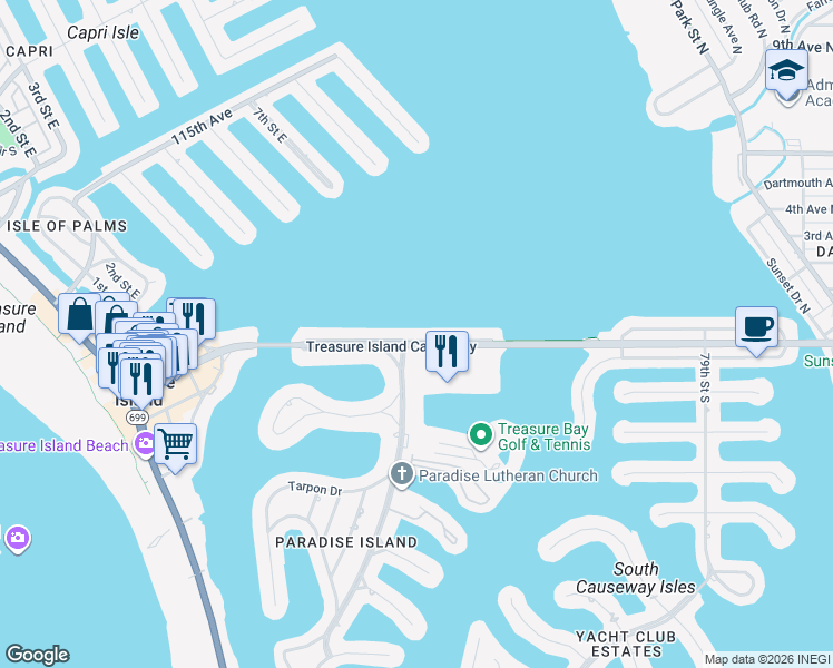 map of restaurants, bars, coffee shops, grocery stores, and more near 22 Paradise Lane in Treasure Island