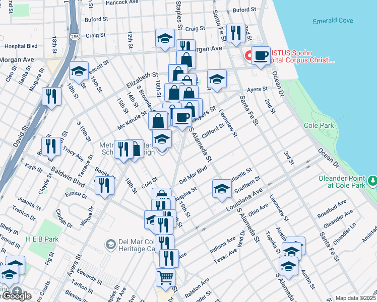 map of restaurants, bars, coffee shops, grocery stores, and more near 525 Clifford Street in Corpus Christi