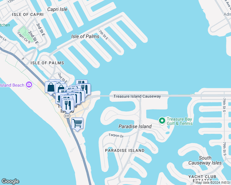 map of restaurants, bars, coffee shops, grocery stores, and more near 3 Paradise Lane in Treasure Island