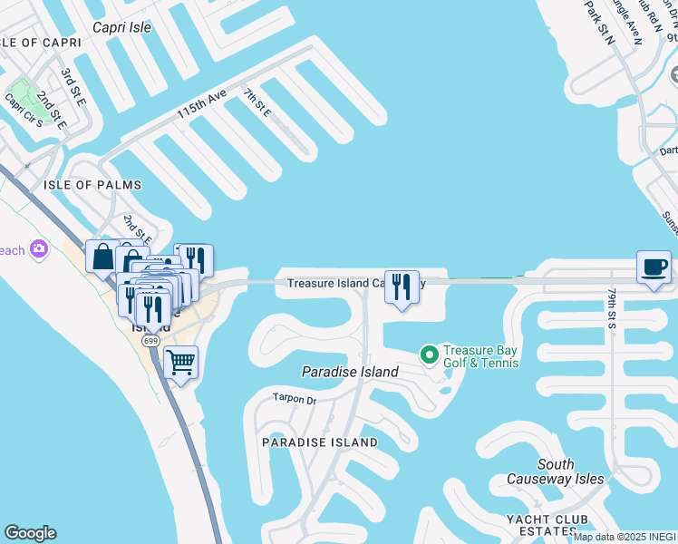 map of restaurants, bars, coffee shops, grocery stores, and more near 15 Paradise Lane in Treasure Island