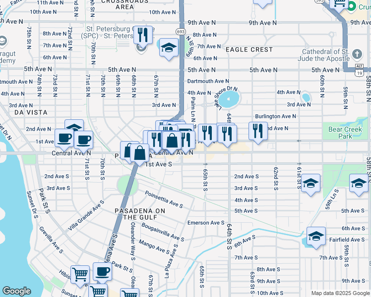 map of restaurants, bars, coffee shops, grocery stores, and more near 6575 Central Avenue in St. Petersburg