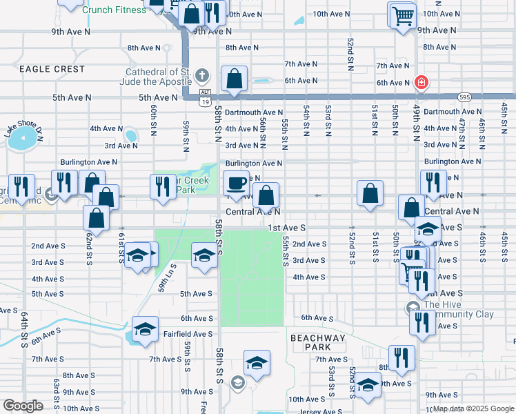 map of restaurants, bars, coffee shops, grocery stores, and more near 5623 Central Avenue North in St. Petersburg