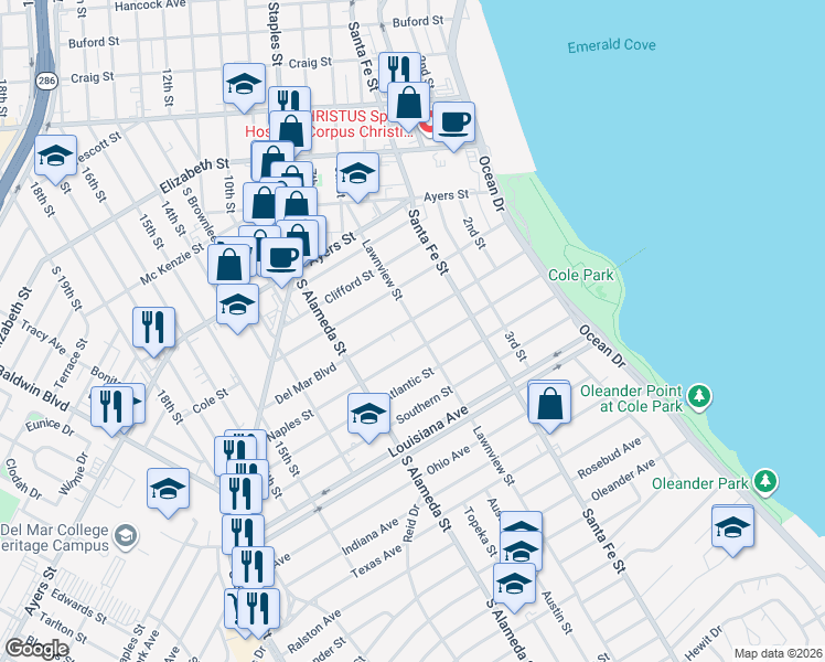 map of restaurants, bars, coffee shops, grocery stores, and more near 405 Del Mar Blvd in Corpus Christi