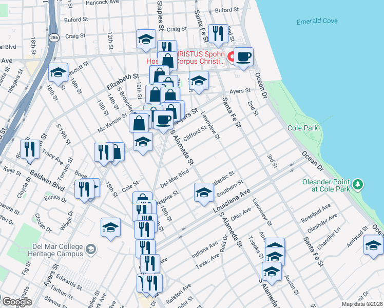 map of restaurants, bars, coffee shops, grocery stores, and more near 457 Cole Street in Corpus Christi