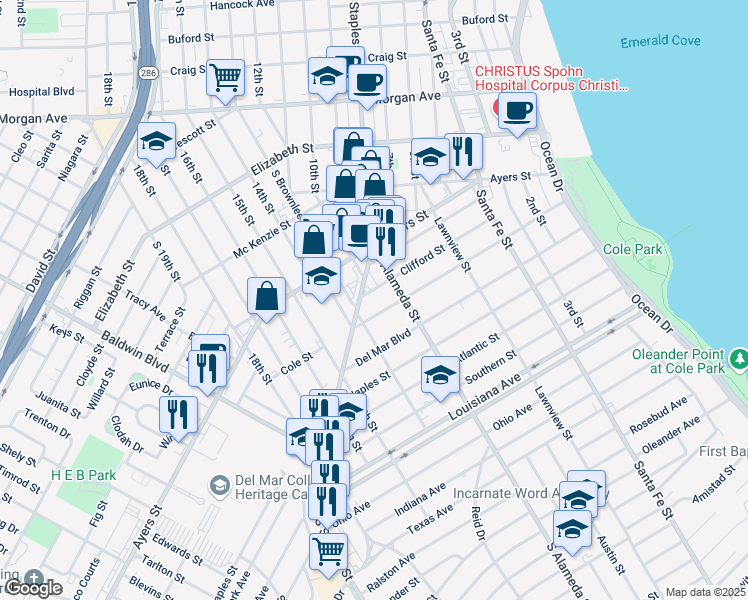 map of restaurants, bars, coffee shops, grocery stores, and more near 525 Clifford Street in Corpus Christi