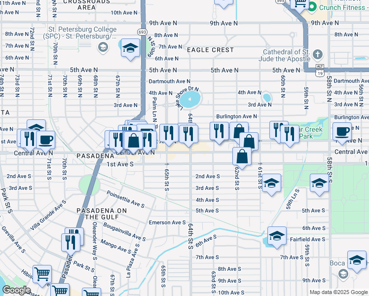 map of restaurants, bars, coffee shops, grocery stores, and more near 6409 Central Avenue in St. Petersburg