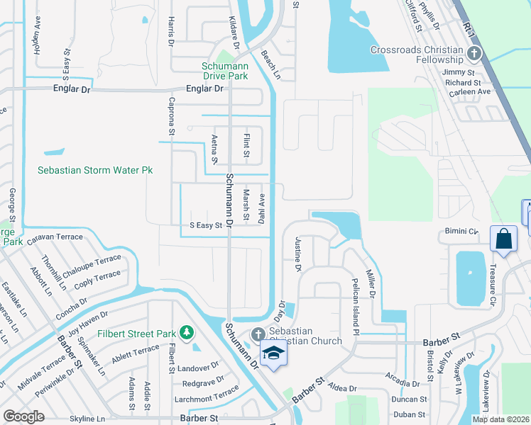 map of restaurants, bars, coffee shops, grocery stores, and more near 122 Dahl Avenue in Sebastian