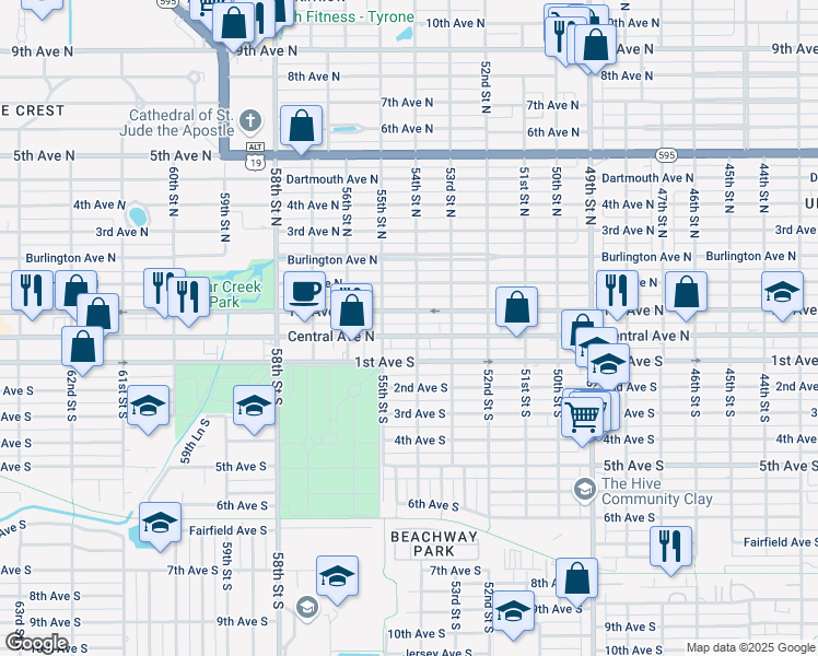 map of restaurants, bars, coffee shops, grocery stores, and more near 5401 Central Avenue in Saint Petersburg