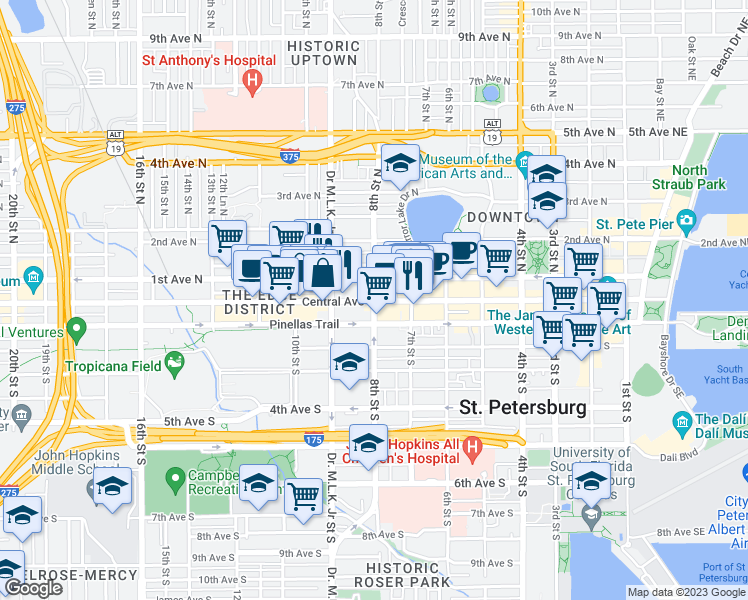 map of restaurants, bars, coffee shops, grocery stores, and more near 4 8th Street North in Saint Petersburg