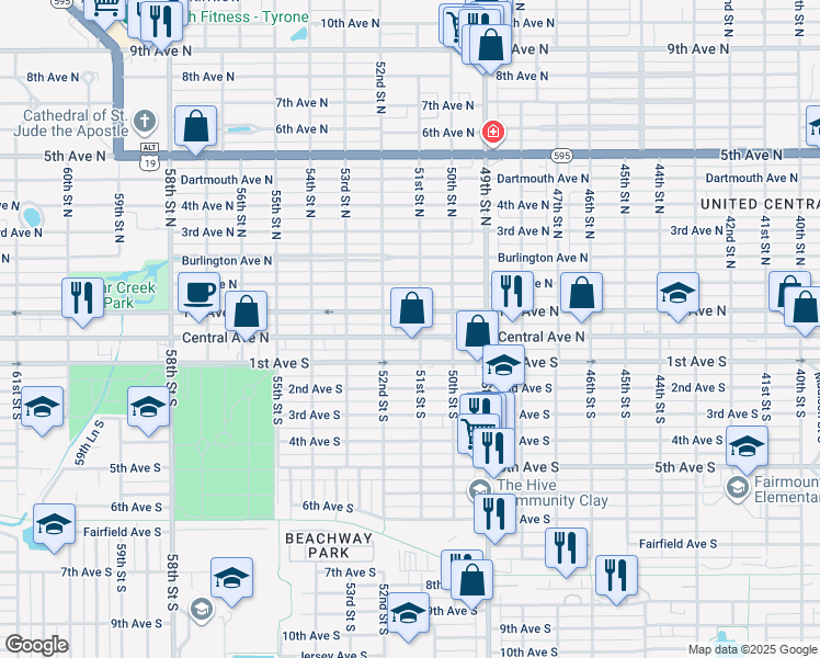 map of restaurants, bars, coffee shops, grocery stores, and more near 5050 Central Avenue in St. Petersburg
