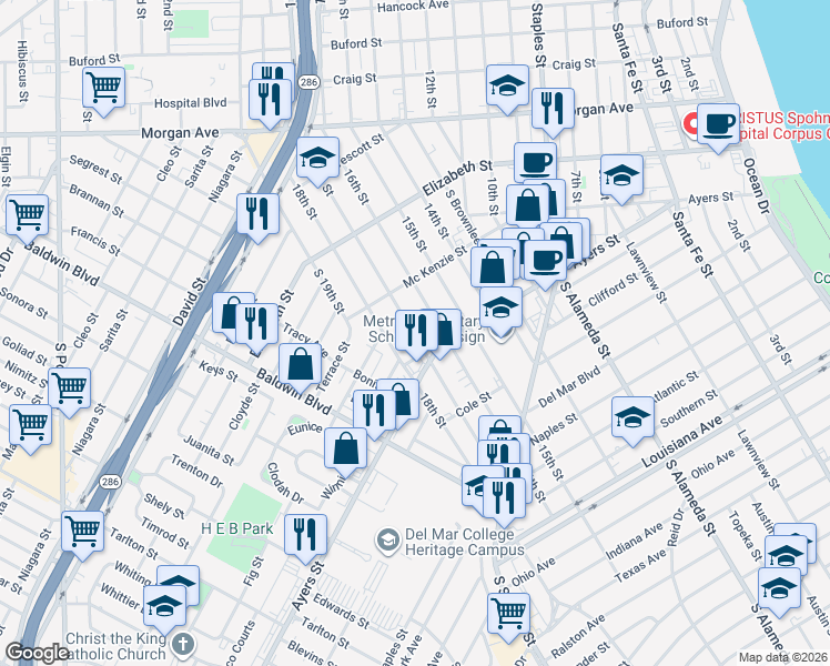 map of restaurants, bars, coffee shops, grocery stores, and more near 1641 17th Street in Corpus Christi