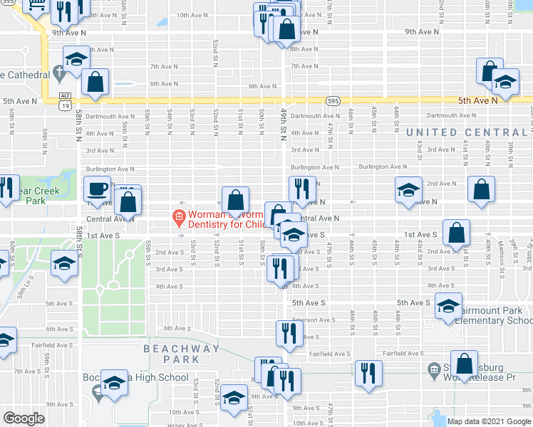 map of restaurants, bars, coffee shops, grocery stores, and more near 4965 Central Avenue in Saint Petersburg