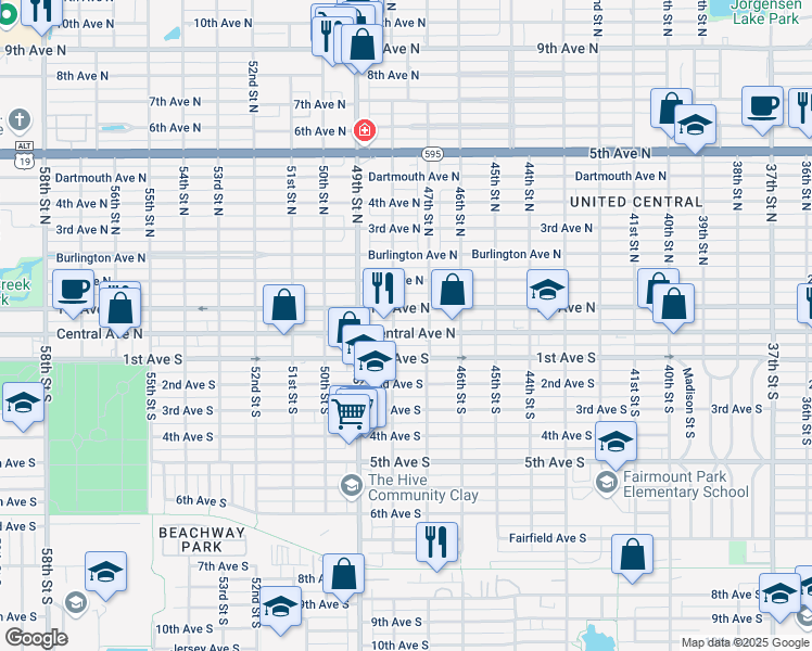 map of restaurants, bars, coffee shops, grocery stores, and more near 4753 Central Avenue in St. Petersburg