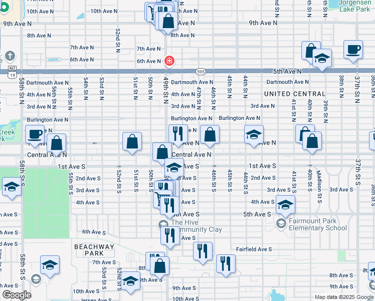 map of restaurants, bars, coffee shops, grocery stores, and more near 4753 Central Avenue in St. Petersburg