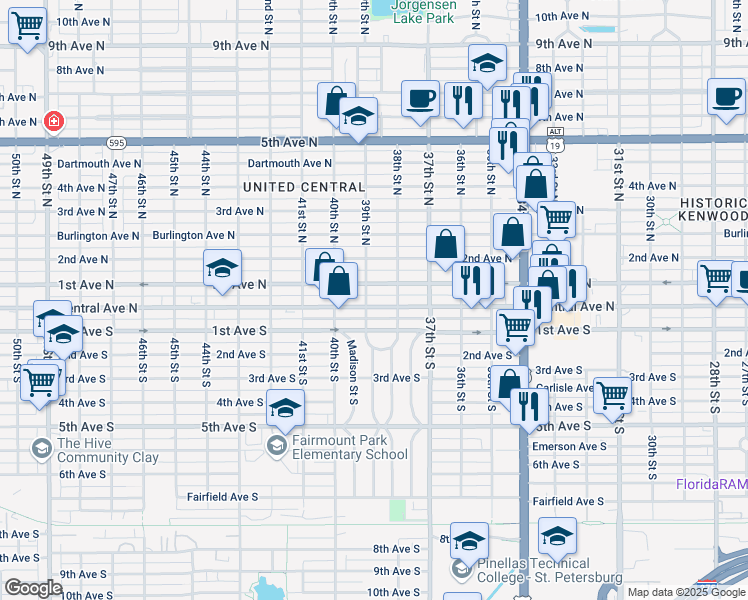 map of restaurants, bars, coffee shops, grocery stores, and more near 3859 Central Avenue in St. Petersburg