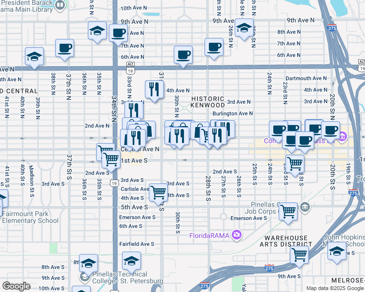 map of restaurants, bars, coffee shops, grocery stores, and more near 3005 Central Avenue in St. Petersburg