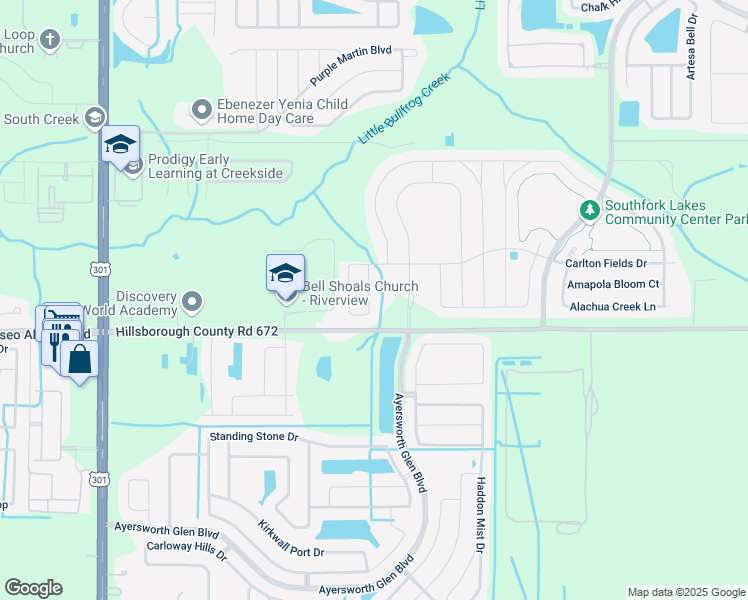 map of restaurants, bars, coffee shops, grocery stores, and more near 10922 Carlton Fields Drive in Riverview