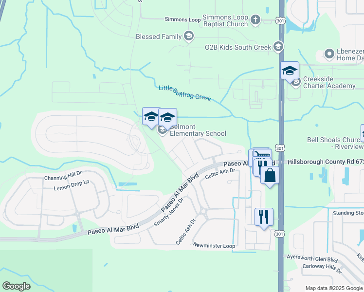 map of restaurants, bars, coffee shops, grocery stores, and more near 10128 Point Given Court in Ruskin