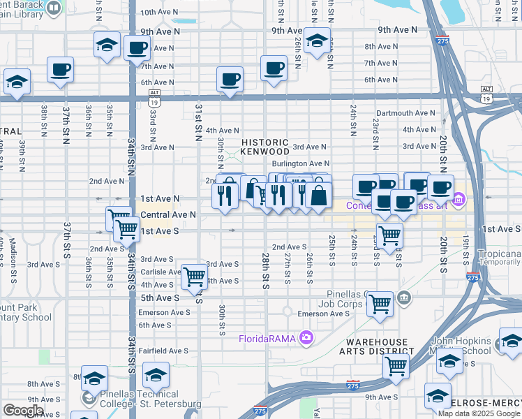 map of restaurants, bars, coffee shops, grocery stores, and more near 2756 1/2 Central Avenue in St. Petersburg