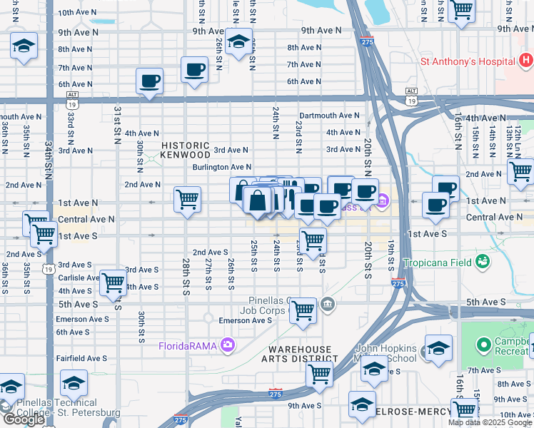 map of restaurants, bars, coffee shops, grocery stores, and more near in St. Petersburg