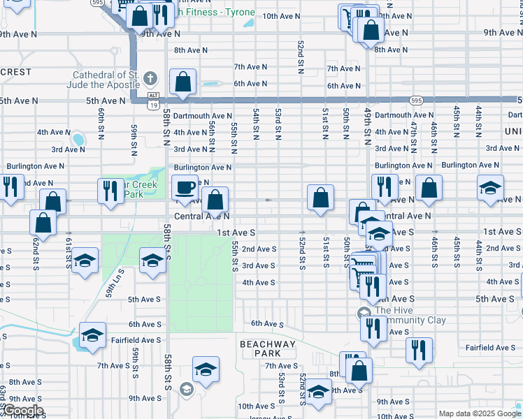 map of restaurants, bars, coffee shops, grocery stores, and more near 5401 Central Avenue in St. Petersburg