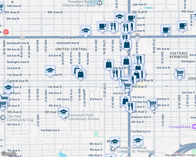map of restaurants, bars, coffee shops, grocery stores, and more near 3773 Central Avenue in St. Petersburg