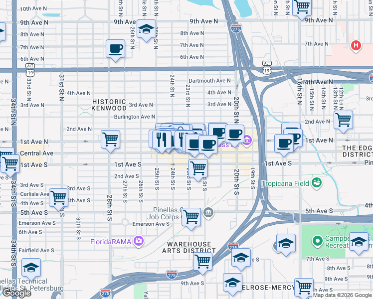 map of restaurants, bars, coffee shops, grocery stores, and more near 2311 Central Avenue in St. Petersburg