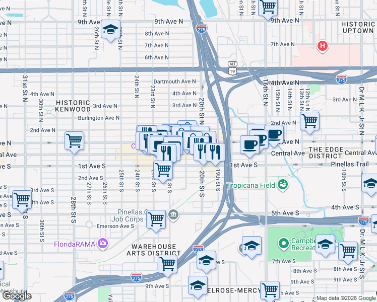 map of restaurants, bars, coffee shops, grocery stores, and more near 2113 Central Avenue in St. Petersburg