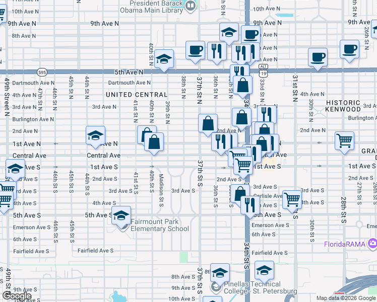 map of restaurants, bars, coffee shops, grocery stores, and more near 3773 Central Avenue in St. Petersburg