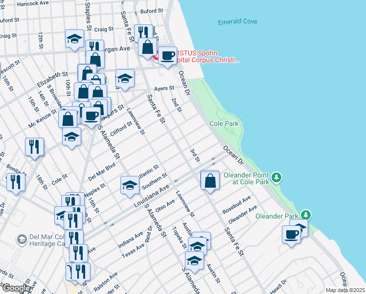 map of restaurants, bars, coffee shops, grocery stores, and more near 213 Atlantic Street in Corpus Christi