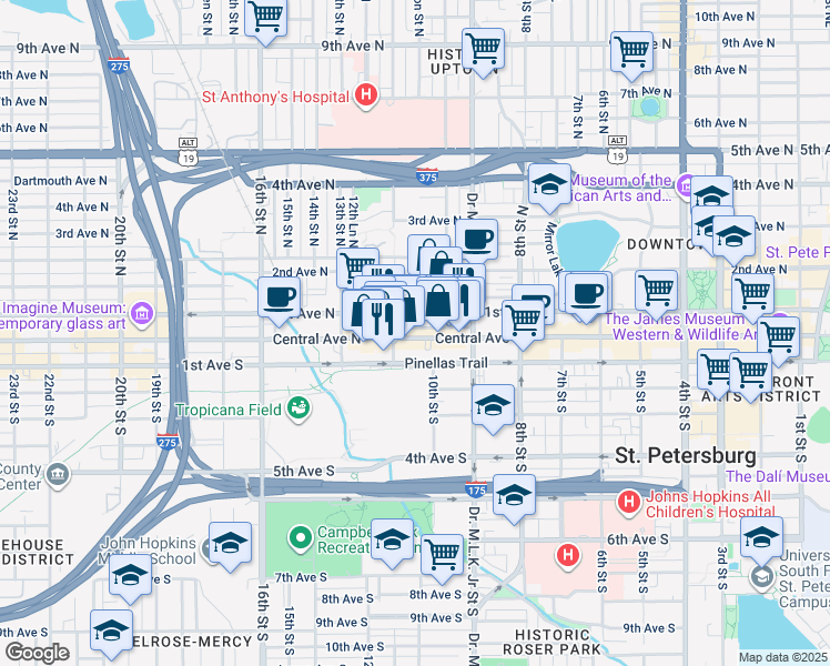 map of restaurants, bars, coffee shops, grocery stores, and more near 1000 Central Avenue in St. Petersburg