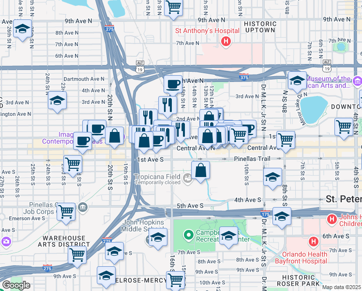 map of restaurants, bars, coffee shops, grocery stores, and more near 1592 Central Avenue in St. Petersburg