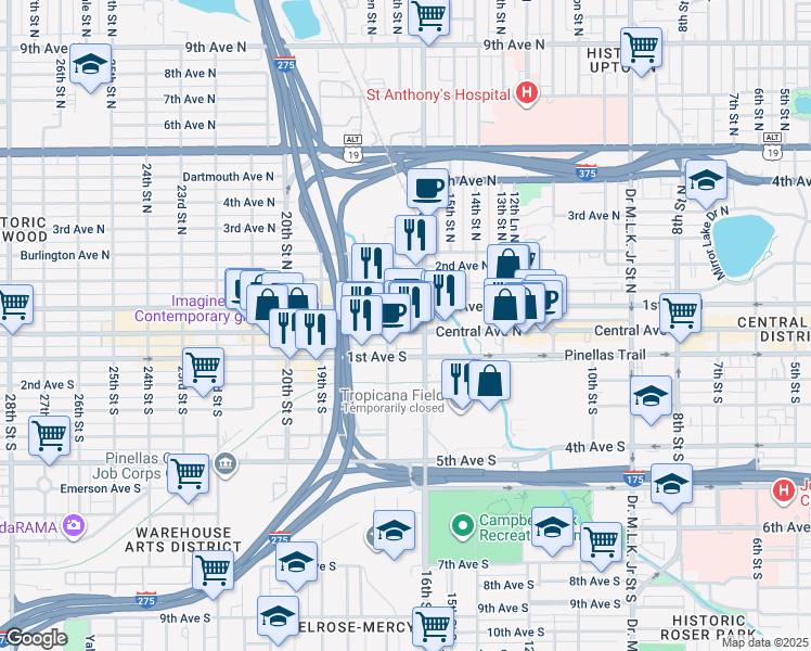map of restaurants, bars, coffee shops, grocery stores, and more near 1650 Central Avenue in St. Petersburg