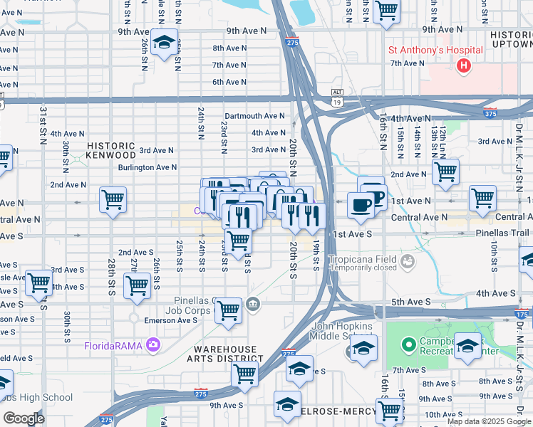 map of restaurants, bars, coffee shops, grocery stores, and more near 2113 Central Avenue in St. Petersburg