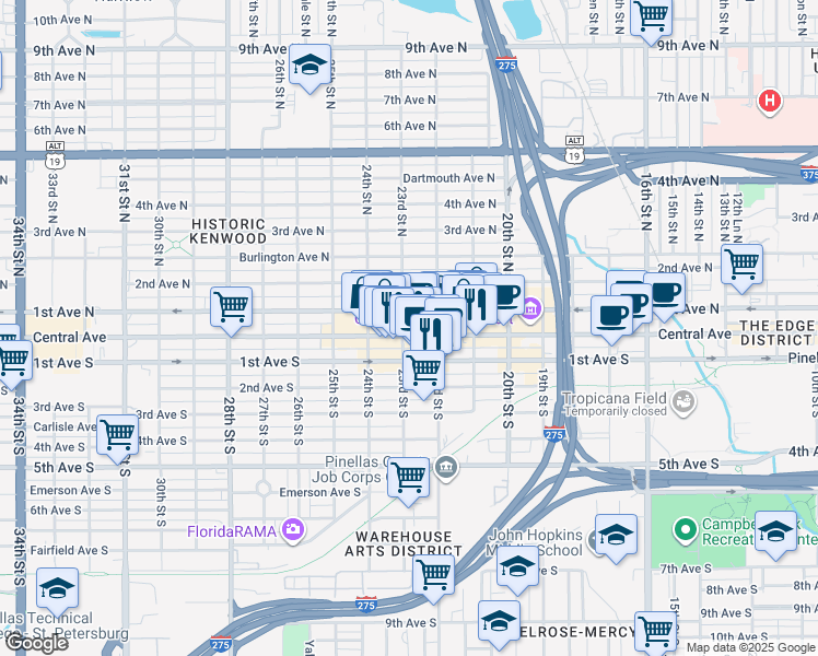 map of restaurants, bars, coffee shops, grocery stores, and more near 2210 Central Avenue in St. Petersburg