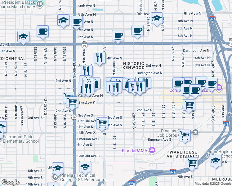 map of restaurants, bars, coffee shops, grocery stores, and more near 3005 Central Avenue in St. Petersburg