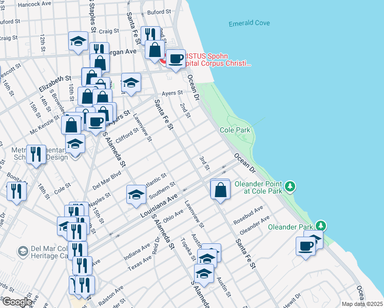 map of restaurants, bars, coffee shops, grocery stores, and more near 213 Atlantic Street in Corpus Christi
