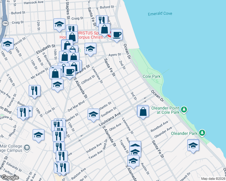 map of restaurants, bars, coffee shops, grocery stores, and more near 325 Naples Street in Corpus Christi