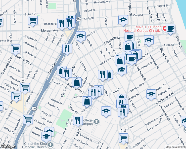 map of restaurants, bars, coffee shops, grocery stores, and more near 2505 Fig Street in Corpus Christi
