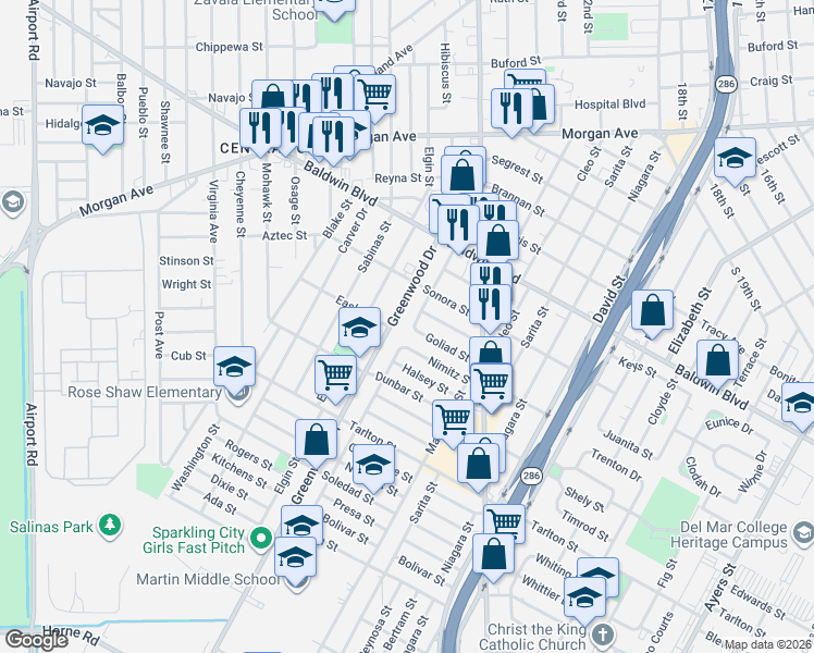 map of restaurants, bars, coffee shops, grocery stores, and more near 2642 Nimitz Street in Corpus Christi