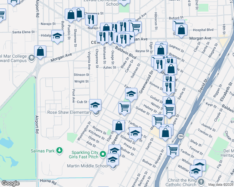 map of restaurants, bars, coffee shops, grocery stores, and more near 2933 Sabinas Street in Corpus Christi