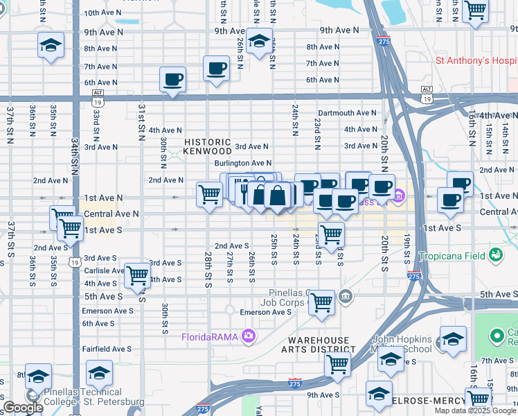map of restaurants, bars, coffee shops, grocery stores, and more near 2530 Central Avenue in St. Petersburg
