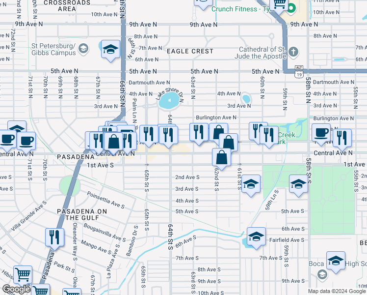 map of restaurants, bars, coffee shops, grocery stores, and more near 6315 Central Avenue in St. Petersburg
