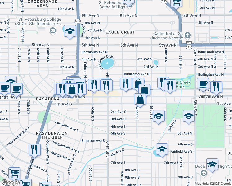 map of restaurants, bars, coffee shops, grocery stores, and more near 6315 Central Avenue in St. Petersburg