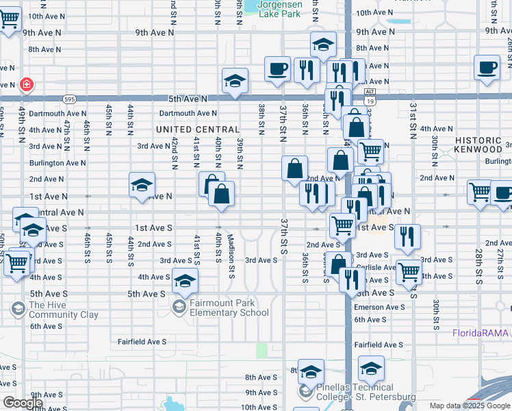 map of restaurants, bars, coffee shops, grocery stores, and more near 3773 Central Avenue in St. Petersburg